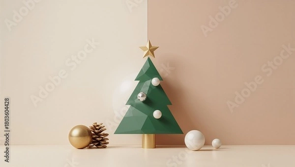 Fototapeta Abstract Christmas tree shape with ornaments on pastel background  