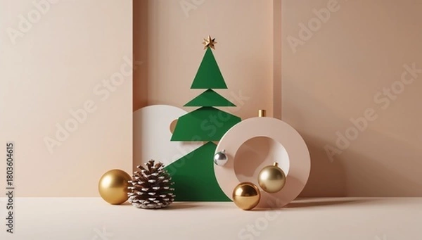 Fototapeta Abstract Christmas tree shape with decorative ornaments on neutral background  