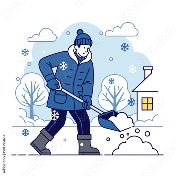 Fototapeta Flat illustration of a man shoveling snow during snowfall