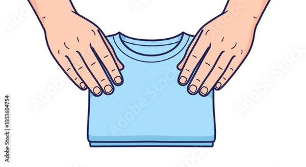 Fototapeta Flat illustration of shopkeeper hands folding a T-shirt, bold navy outline, soft minimal colors, isolated on white
