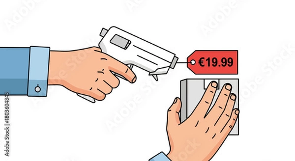 Fototapeta Hands tagging a product with a price tag gun, flat illustration, isolated on white