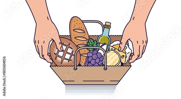 Fototapeta Hands placing items into a paper shopping bag, flat style.