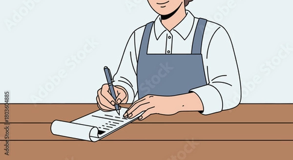 Fototapeta Shopkeeper hands writing on a receipt pad, flat illustration, neat and isolated
