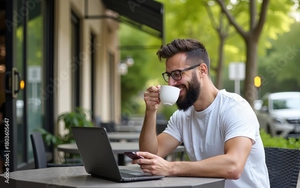 Fototapeta Man sits at a table outside a cafe, using a laptop while looking at his smartphone. He smiles, sipping coffee, surrounded by greenery during a sunny day. High quality