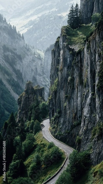 Obraz Dramatic Alpine Road Winding Through a Sheer, Fog-Shrouded Rocky Gorge.