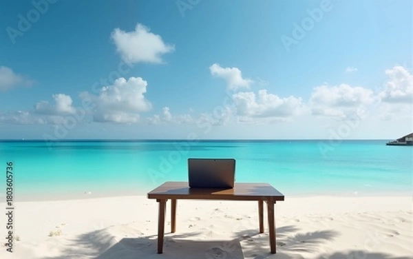 Fototapeta Computer desk with laptop standing on the sandy beach of a tropical island. The concept of remote work or the need for rest and a change of environment for office workers. High quality