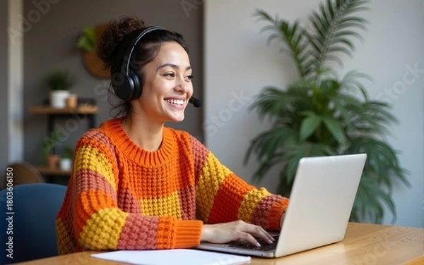 Fototapeta Smiling young woman in vibrant crochet sweater sits at a desk wearing a headset, typing on a laptop while engaged in a video call or online meeting, representing remote work and customer support.