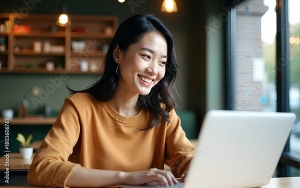 Fototapeta Happy Asian woman works on laptop in cafe. Smiling female freelancer, businesswoman uses notebook computer in modern coffee shop. Cozy workspace, positive vibes. Business concept of remote work,