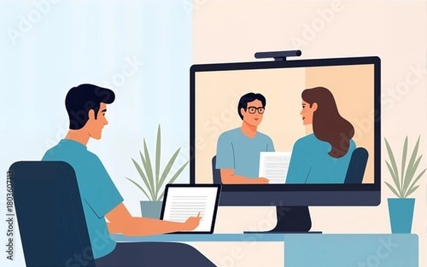 Fototapeta A split-screen vector showing a professional working remotely on one side and attending an in-person meeting on the other. High quality