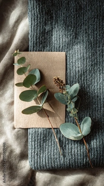 Obraz Warm Sunlight on Rustic Journal with Eucalyptus Sprigs and Cozy Teal Fabric.