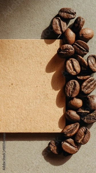 Obraz Roasted Coffee Beans Cascade Beside Blank Card, Warm Lighting, Close-Up View.