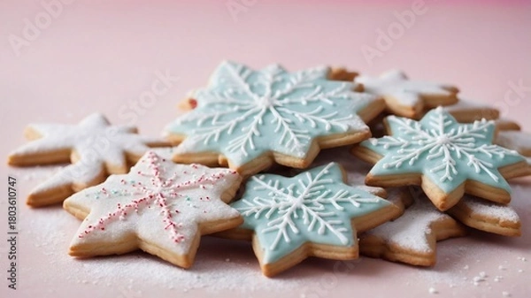 Fototapeta Iced snowflake cookies stacked on pink background for Christmas holiday dessert macro  