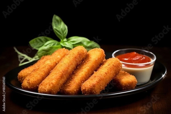 Obraz Crispy Golden Mozzarella Sticks Dipped in Marinara Sauce