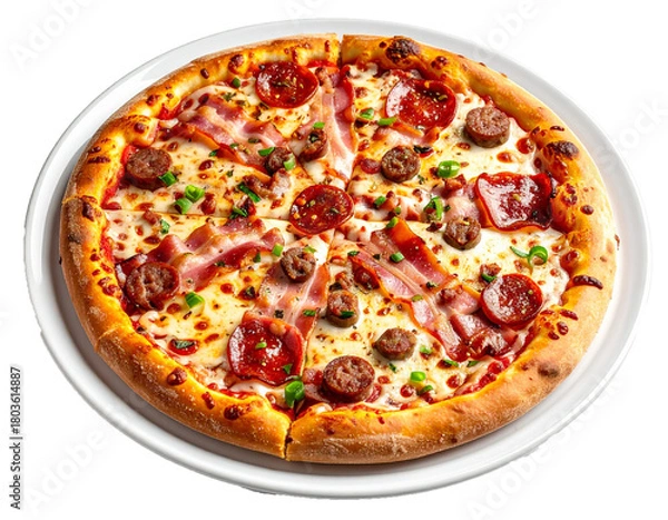 Fototapeta Tasty Italian Style Pizza with Assorted Meats and Cheese