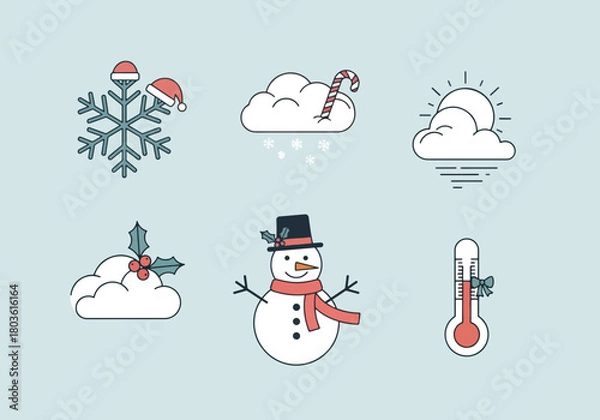 Fototapeta A collection of winter-themed icons, including a snowflake, snowman, clouds, candy cane, sun, holly, and thermometer.