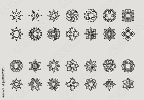 Fototapeta Collection of intricate geometric patterns and star-shaped designs arranged in rows against a neutral background.