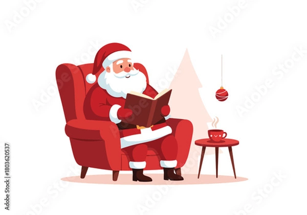 Fototapeta Santa Claus in his red suit reading a book, relaxing in a chair.