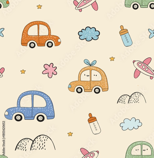 Obraz Seamless pattern with cartoon car and truck vehicle icons set for transport design and illustration. set on mountain road and travel background. newborn t shirt, sweat shirt