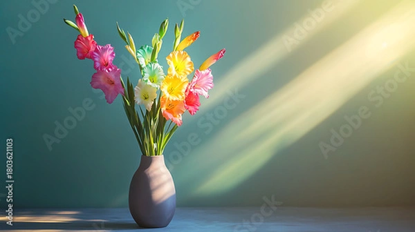 Fototapeta Five-colored Gladiolus flowers in a simple, matte vase, bright atmosphere, sunlight, candy colors, colorful