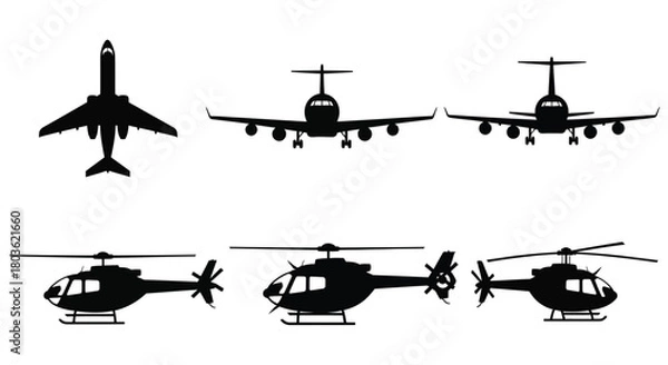Obraz Aircraft and helicopters against a cloudy sky, transportation concept