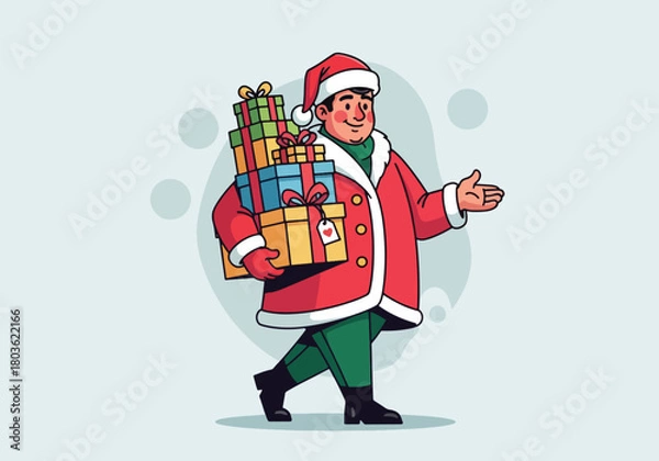Obraz A cartoon man dressed as Santa Claus carries a stack of colorful wrapped Christmas gifts.