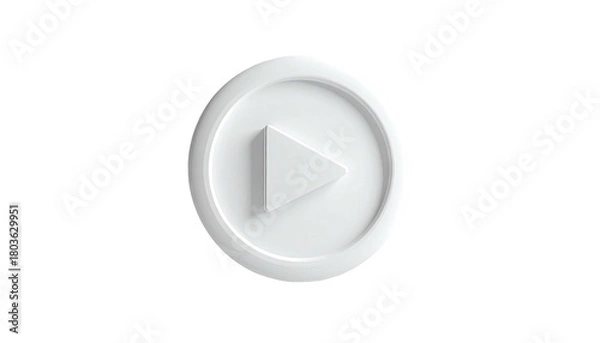 Obraz Glossy white play button icon, centred, on a black background