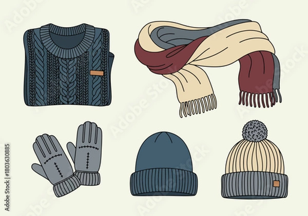 Obraz Illustration showcasing various winter clothing items, including a sweater, scarf, gloves, and hats.
