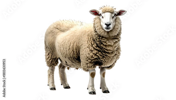 Obraz Fluffy sheep stands, facing forward, against black backdrop