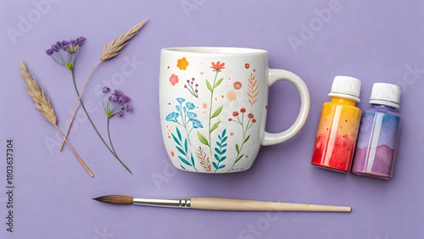 Obraz White ceramic mug with floral design paint bottles and brush