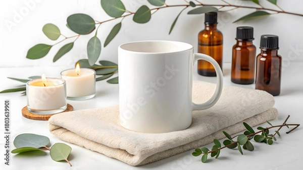 Obraz White mug mockup with candles and essential oil bottles