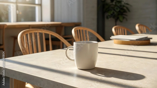 Obraz White mug on light table with wooden chairs and sunlight
