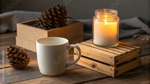Obraz White mug pine cones lit candle on wooden table pinecone