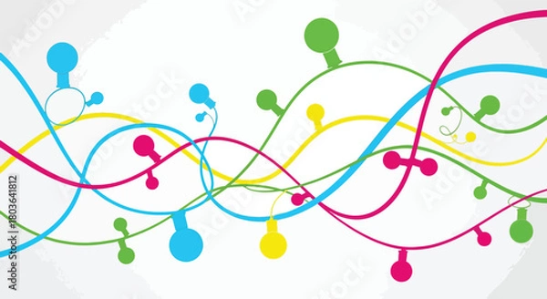 Fototapeta Colorful abstract illustration featuring intertwined lines and vibrant circular elements against white background.