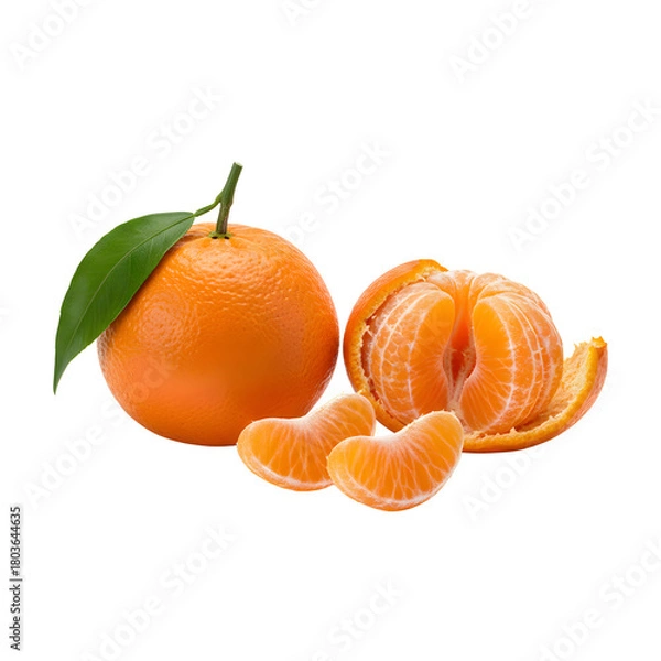 Obraz Whole and peeled tangerines mandarin orange with leaf isolated on transparent background