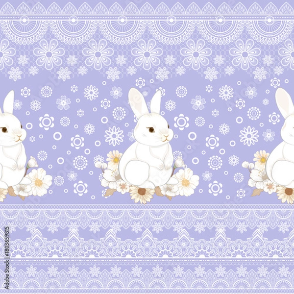Obraz Cute cartoon baby bunny with Lace flower vintage illustration vector design for a happy Easter spring greeting card