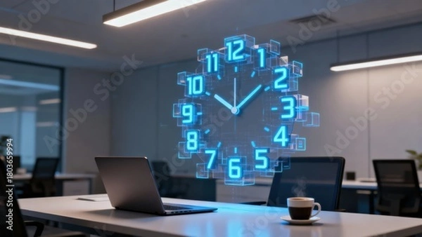 Fototapeta Futuristic clock display in a modern office setting.