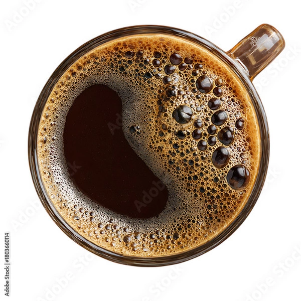 Fototapeta Top view of a freshly brewed coffee in a glass cup with rich foam and intense aroma on a black backdrop perfect for a morning boost