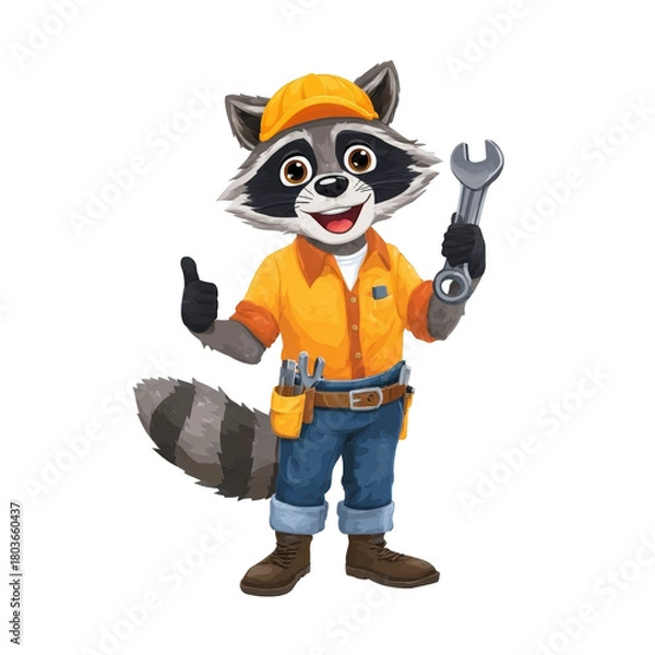 Obraz Cheerful raccoon mechanic character with tools.
