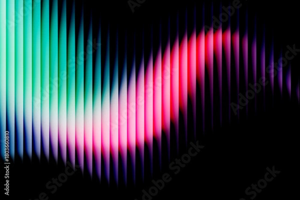 Fototapeta Abstract technology background with vertical lines. Digital sound wave or equalizer spectrum with neon green and pink gradient. Grainy texture on black.
