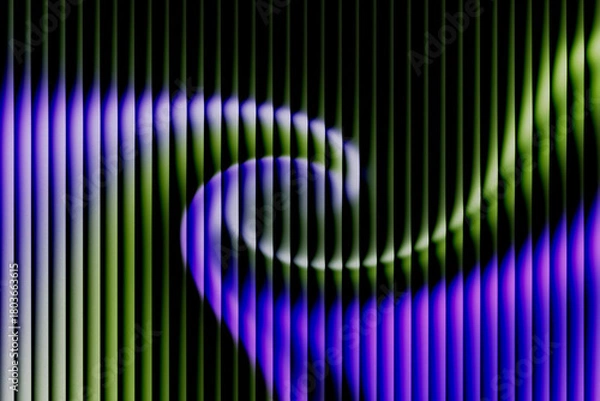 Obraz Abstract technology background with vertical 3D panels. Dynamic glowing light swirl of purple, green, and white. Grainy texture on black surface.