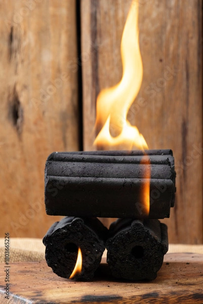 Fototapeta Burning Charcoal Briquettes Stack