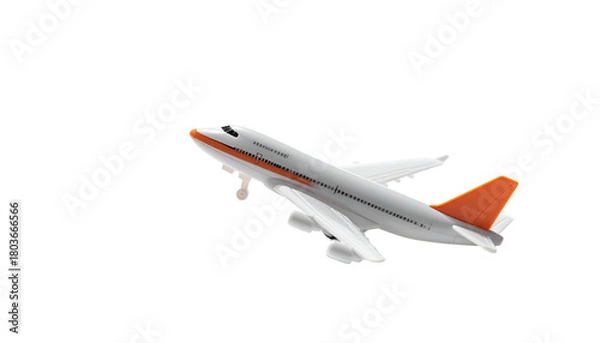 Obraz Airplane taking off, white fuselage, orange tailfin, landing gear