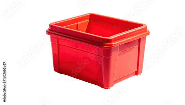 Obraz Bright red, empty, square plastic bin on black background