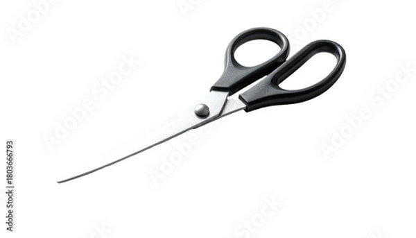 Obraz Sleek, silver scissors with black handles on dark backdrop