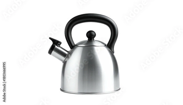 Obraz Shiny kettle with black handle, spout on left, isolated