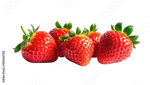 Obraz Five vibrant strawberries with green leaves against black backdrop