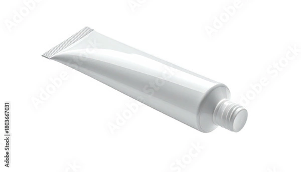 Obraz Shiny white tube, cap unattached, isolated against black background