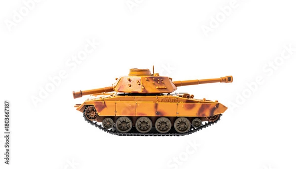 Obraz Orange camo tank toy against stark black background, angled view