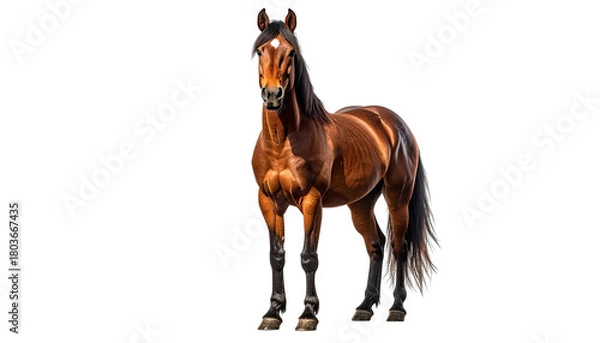 Obraz Elegant brown horse stands against a stark, black background