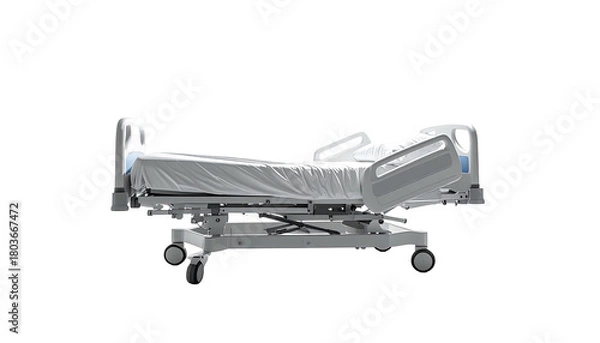 Obraz Hospital bed angled, clean white sheets, side rail up, on casters